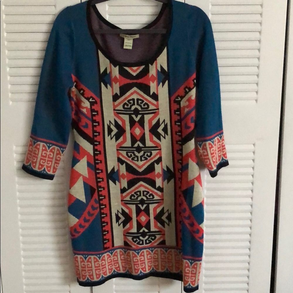 Sweater dress teal, coral, black and cream